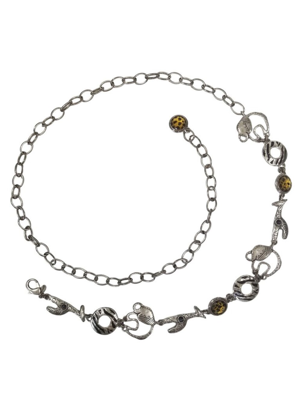 Chico's African Chain Belt Silver & Black Giraffes & Elephants